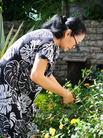 Deskundigheidsbevordering Reguliere Zorg - Oudere Aziatische vrouw tuiniert